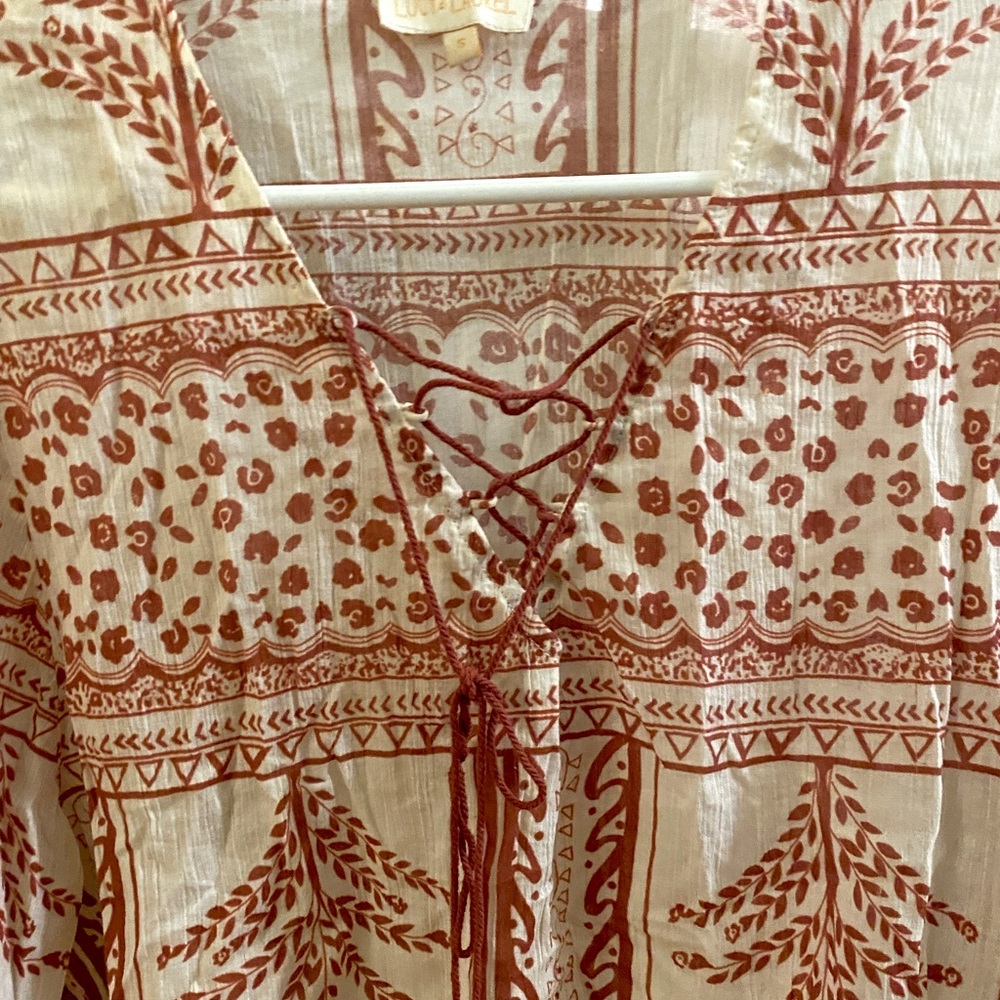 Anthropologie cinched waist peasant blouse with tie neck size small